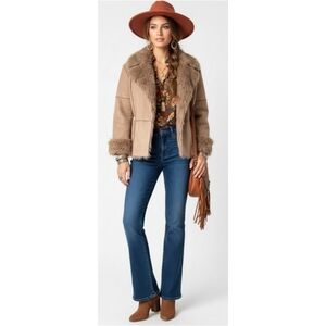 ✨ Twenty Twenty Size L Tan Faux Suede & Fur Belted Wrap Jacket 🧥 Cozy & Chic